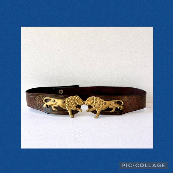 RARE Tooled Leather Adjustable Belt, Unique Two-Piece Lion Fastener - Picture 1 of 12
